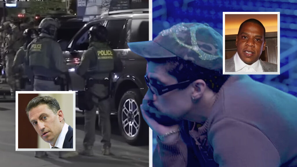 ICE promises to raid Bad Bunny Super Bowl performance. Inset left, Jay-Z and Roc Nation attorney, Alex Spiro. Inset right, Shawn Carter AKA Jay-Z.