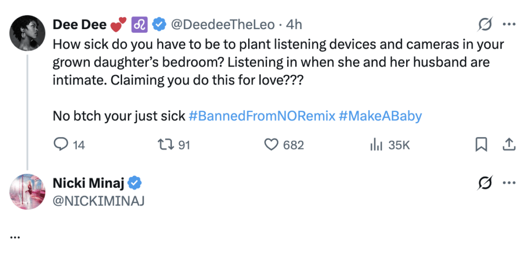 Nicki Minaj tweet, re Roc Nation and Desiree Perez. (X)