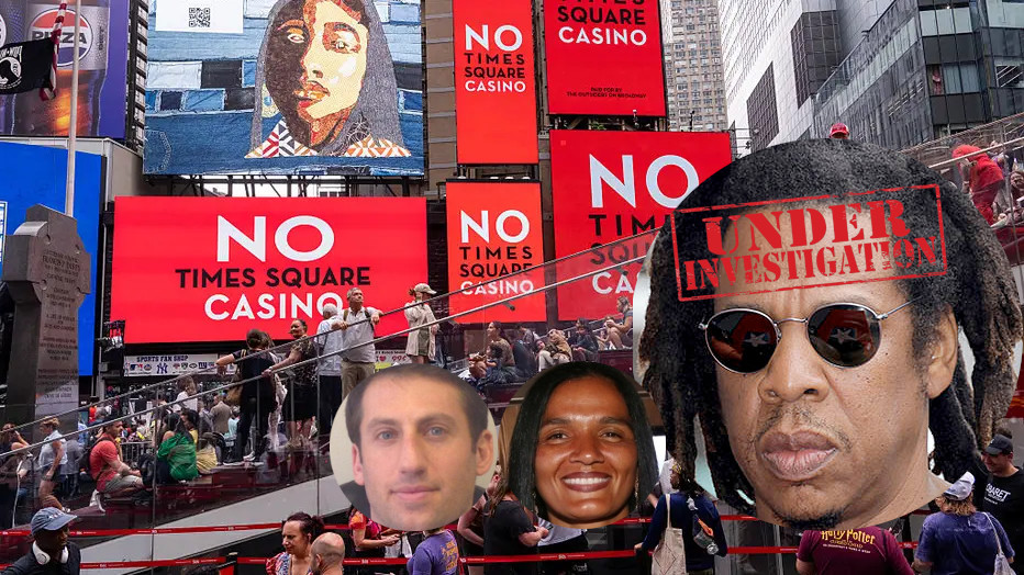 Billboards display a message in opposition to Jay-Z's casino in Times Square, in New York. (Getty). Inset Jay-Z, Roc Nation CEO Desiree Perez.