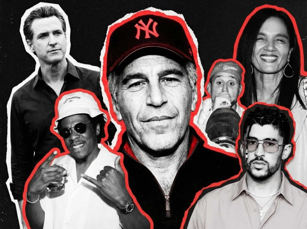 Clockwise: Jeffrey Epstein, Michael Rubin, Desiree Perez, Bad Bunny, Shawn Carter AKA Jay-Z, California Governor Gavin Newsome.
