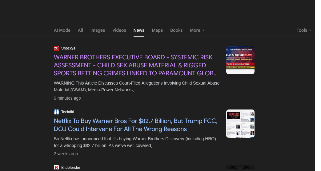 Google News Ranking — Warner Bros CSAM Search Results